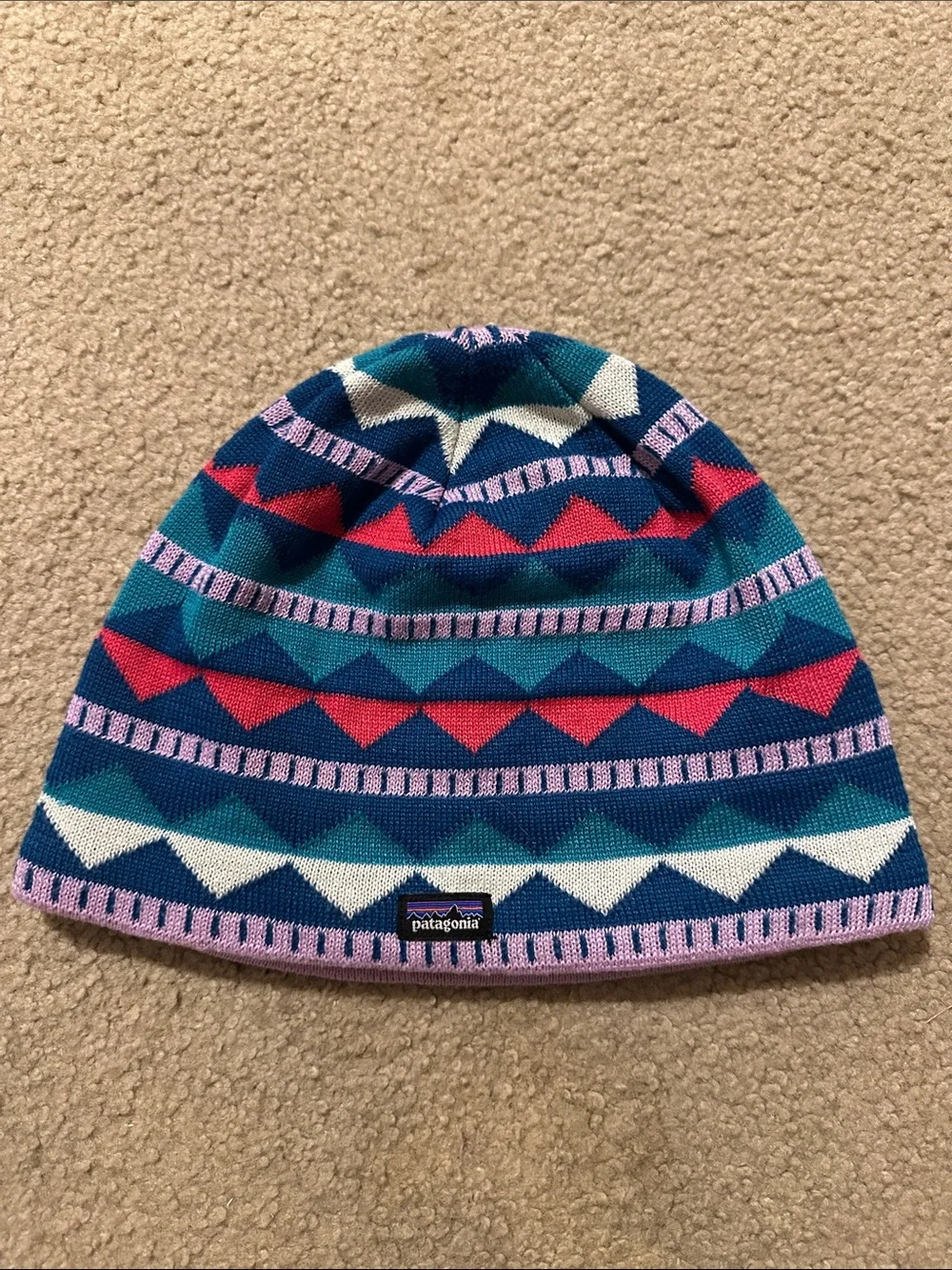 Patagonia Kids Geometric Knit Beanie in Pink, Teal & Navy